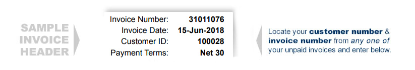 Locate your customer number, customer location plus any unpaid invoice number and enter into the fields below